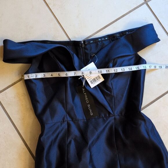 NWT Alfred Sung Off-The-shoulder Cuff Trumpet Gown Slit Midnight Navy Blue 6 - Picture 9 of 13